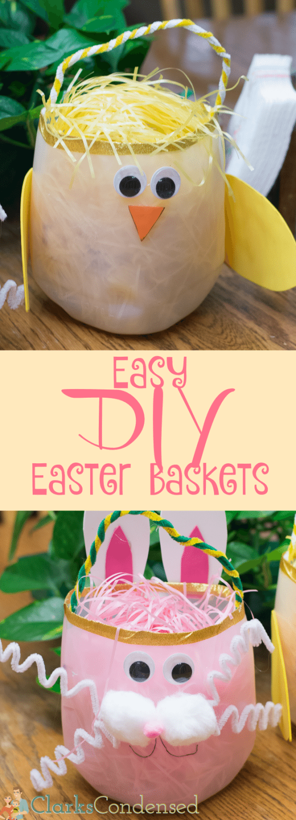 Easy DIY Easter baskets made using empty milk jugs! This is a great Easter craft for kids. 