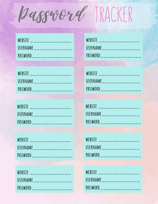 Printable Password Tracker Sheet - Clarks Condensed